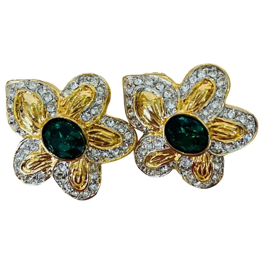 Gold Tone White and Green Crystal Flower Clip On Earrings